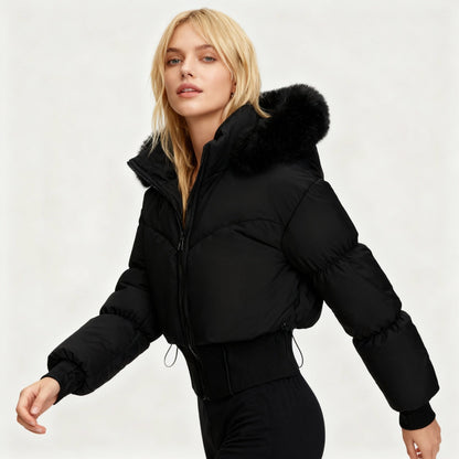 Warme cropped dames winterjas met luxe bontkraag