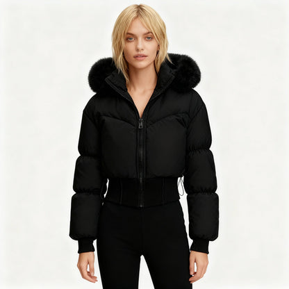 Warme cropped dames winterjas met luxe bontkraag