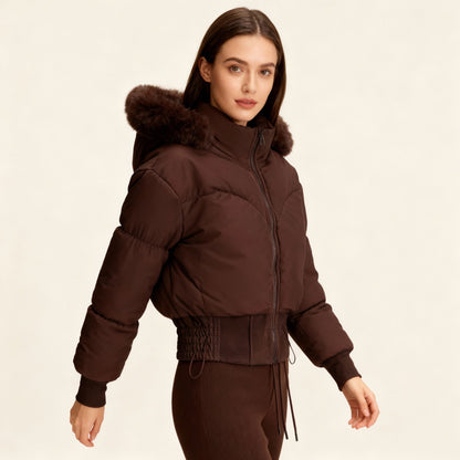 Warme cropped dames winterjas met luxe bontkraag