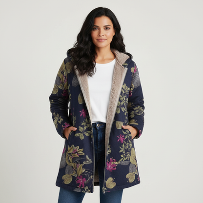 Warme gevoerde dames winterjas met print en capuchon – Elvira