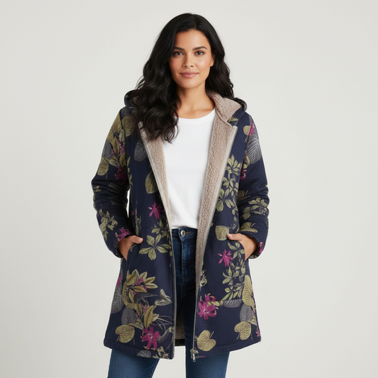 Warme gevoerde dames winterjas met print en capuchon – Elvira