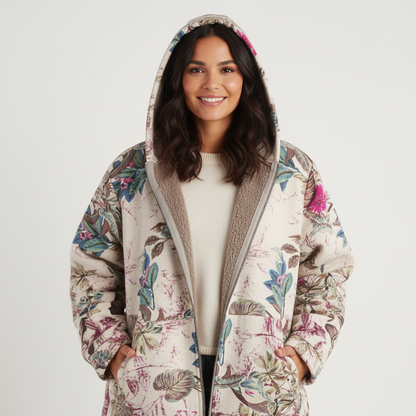 Warme gevoerde dames winterjas met print en capuchon – Elvira