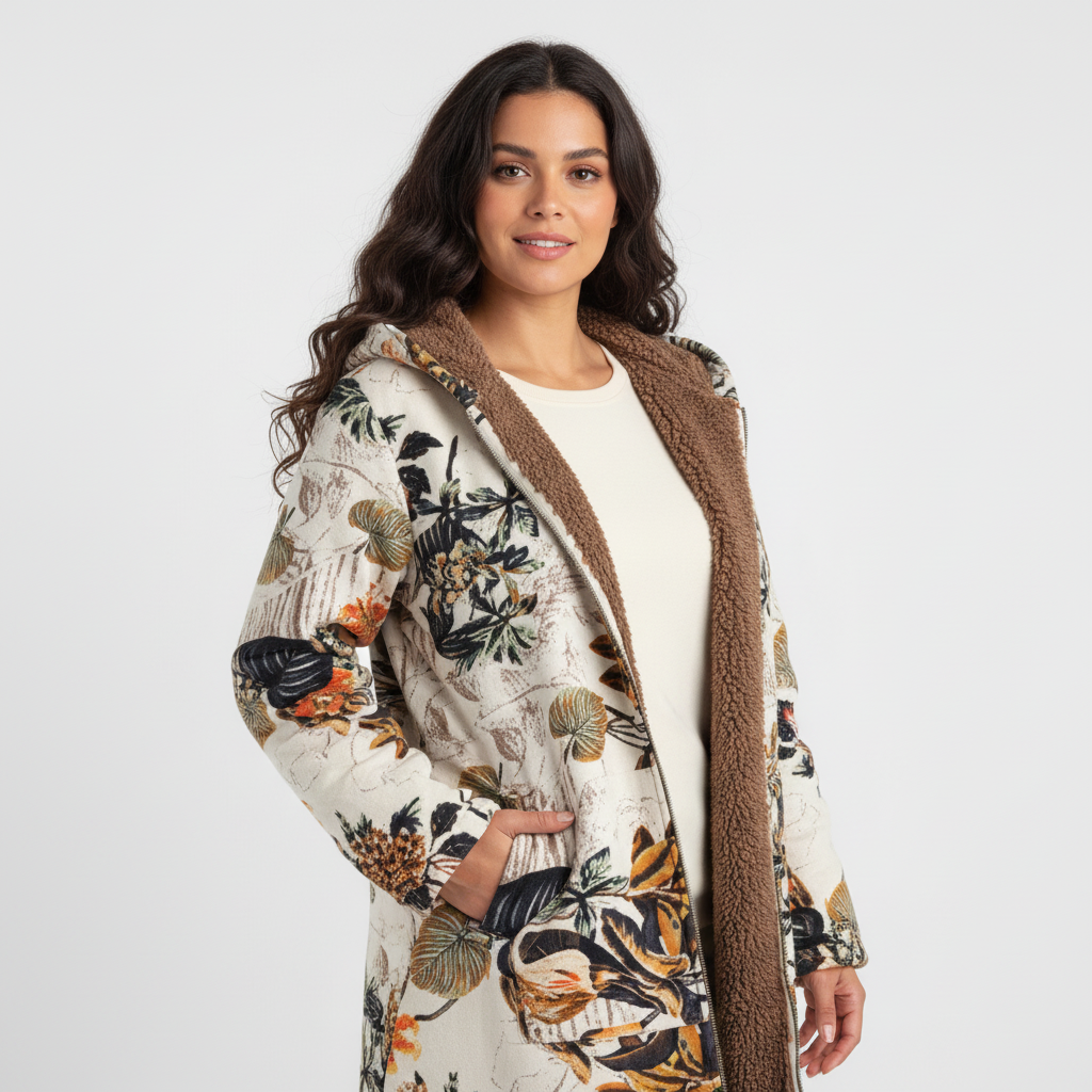 Warme gevoerde dames winterjas met print en capuchon – Elvira