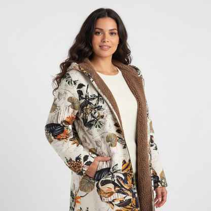 Warme gevoerde dames winterjas met print en capuchon – Elvira