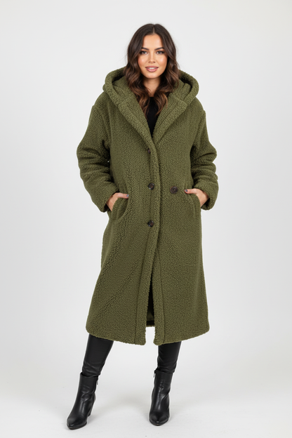 Warme lange teddy damesmantel met luxe fleecevoering
