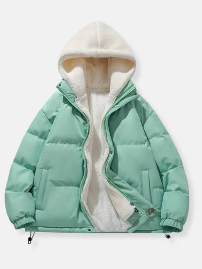 Warme teddy gevoerde puffer winterjas met capuchon