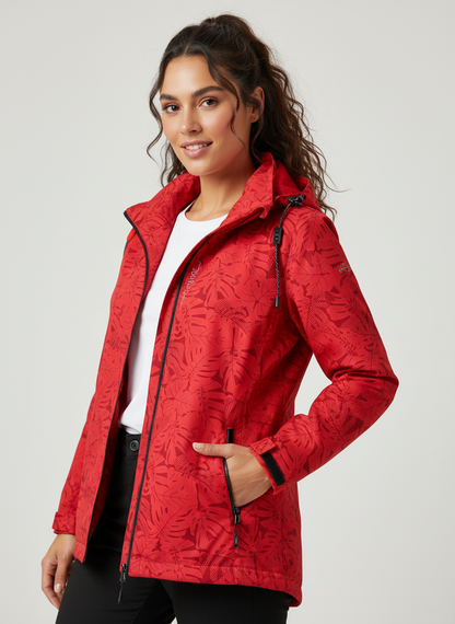 Waterafstotende dames outdoorjas met capuchon en bladprint