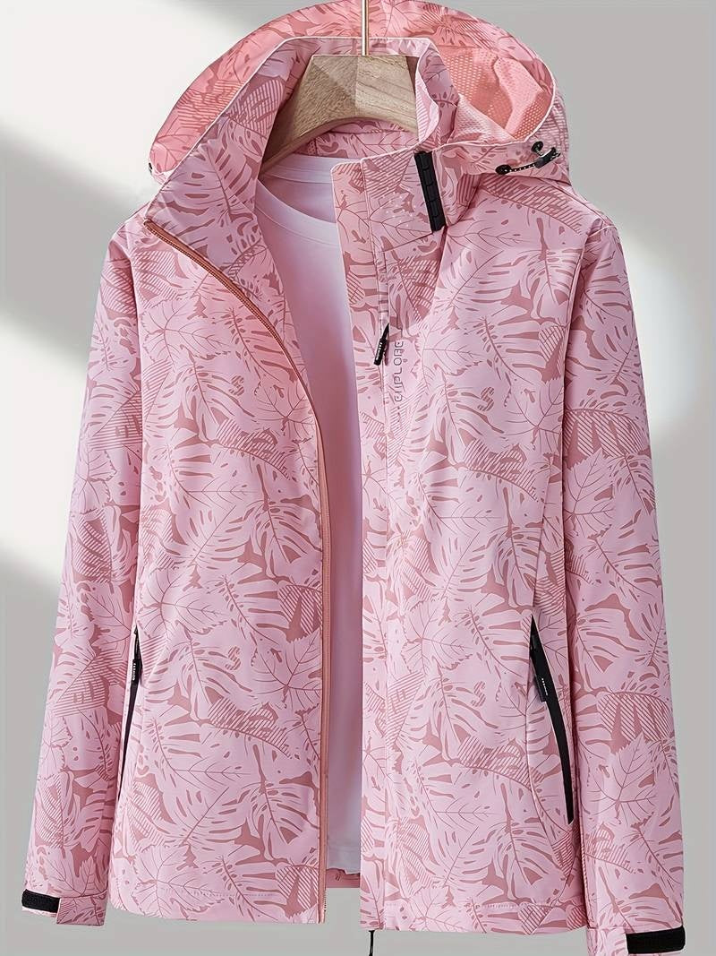 Waterafstotende dames outdoorjas met capuchon en bladprint