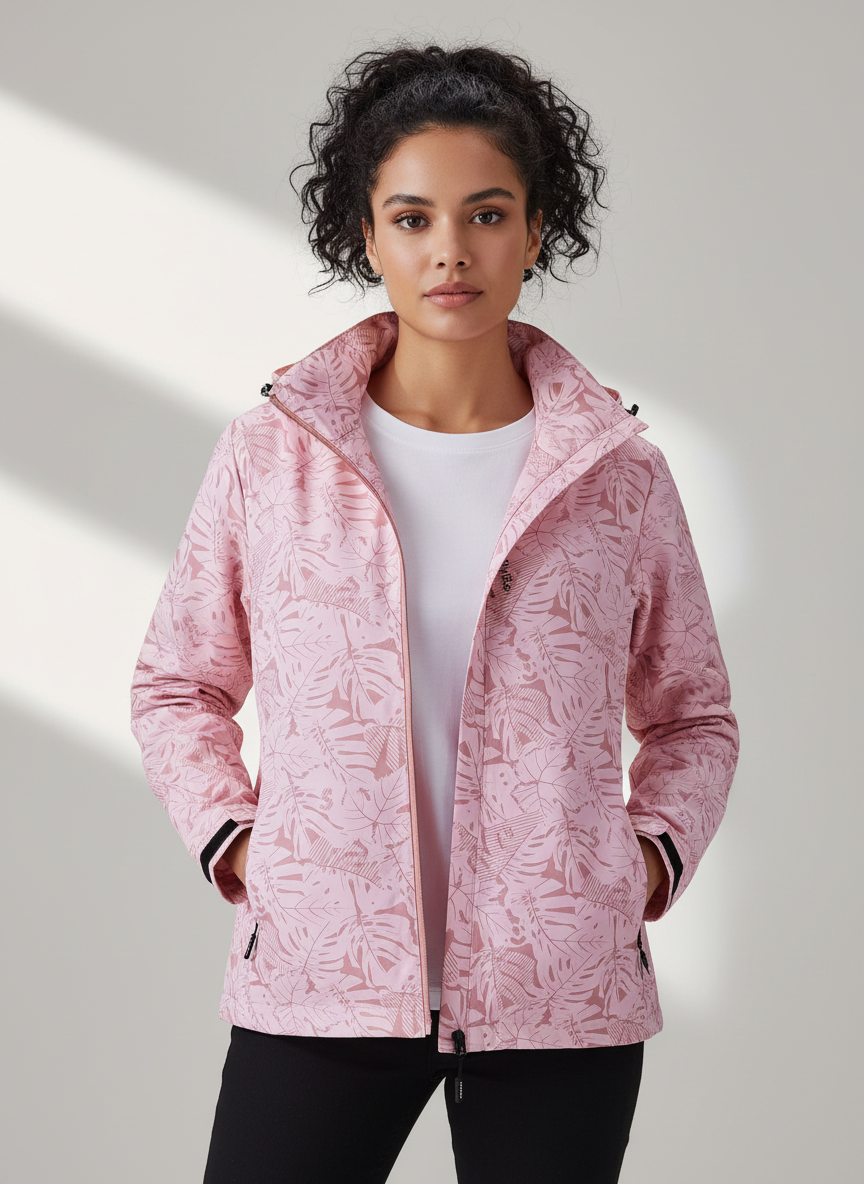 Waterafstotende dames outdoorjas met capuchon en bladprint