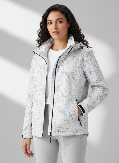 Waterafstotende dames outdoorjas met capuchon en bladprint