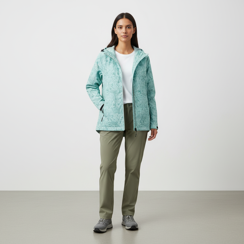 Waterafstotende dames outdoorjas met capuchon en bladprint