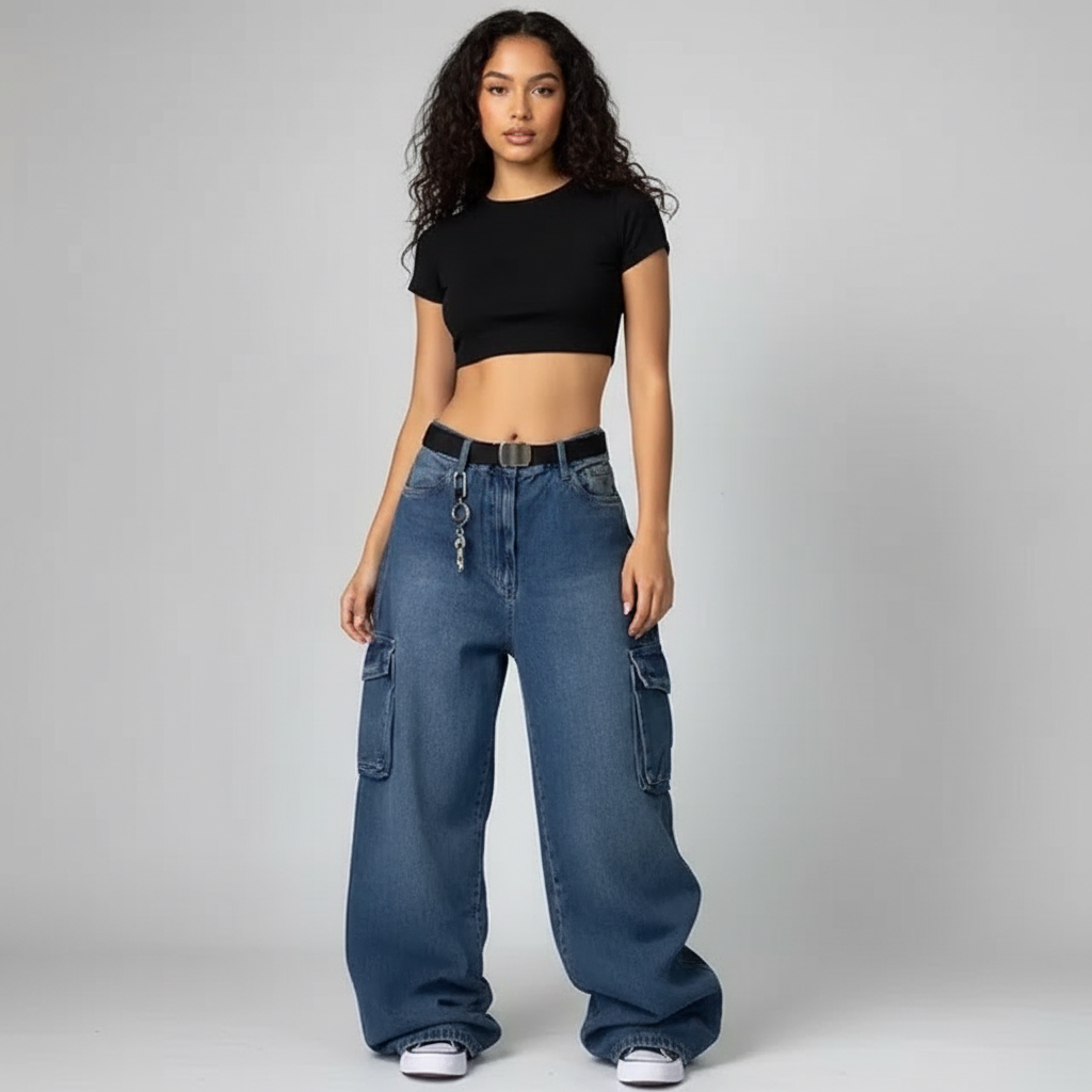 Wide leg dames cargo jeans – Sienna