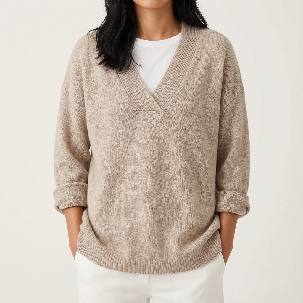 Zachte cashmere damestrui met V-hals en oversized pasvorm