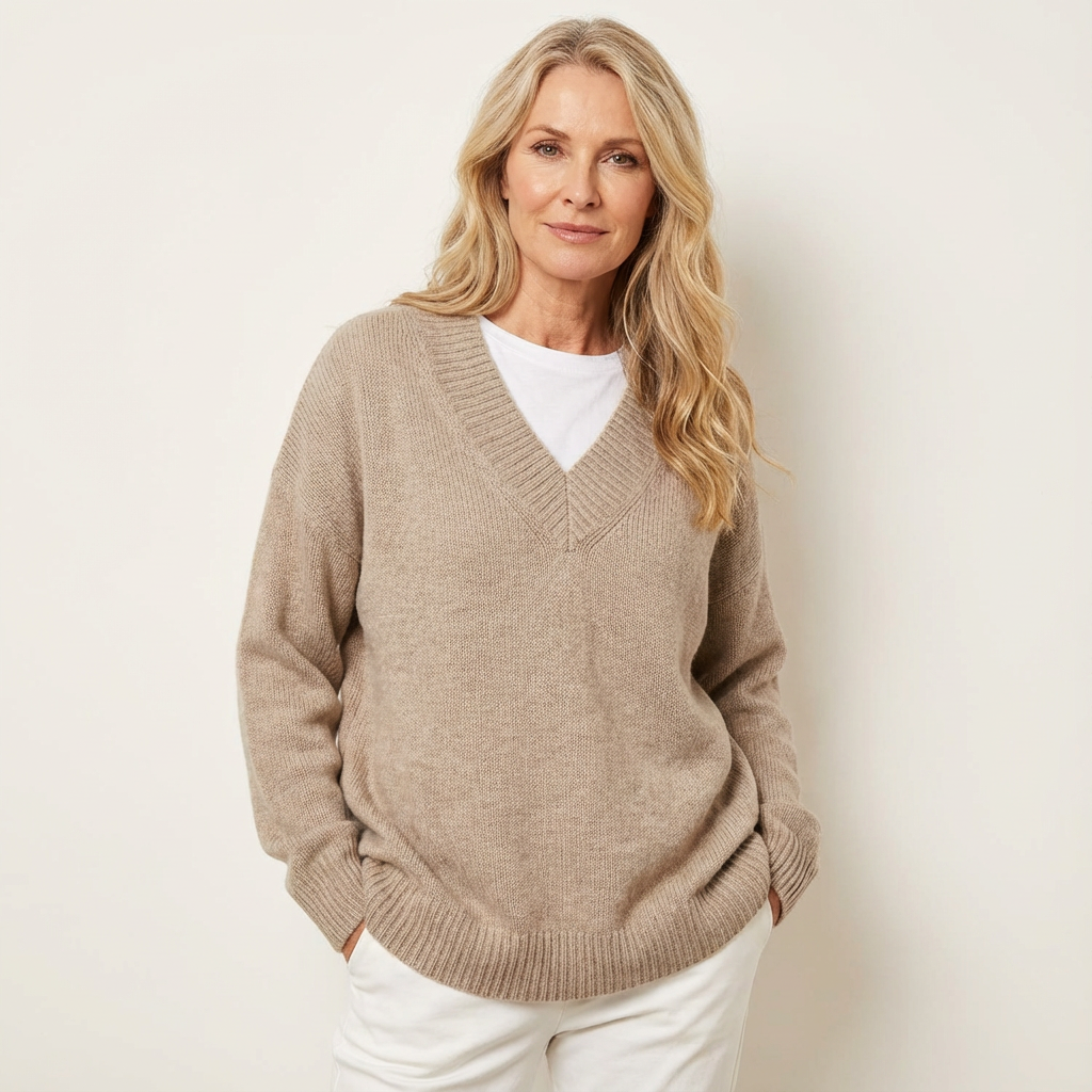 Zachte cashmere damestrui met V-hals en oversized pasvorm