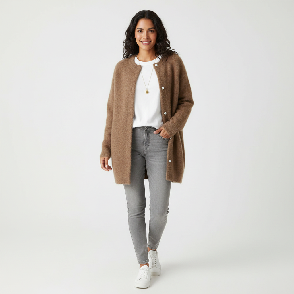 Zachte elegante lange damescardigan met ronde hals