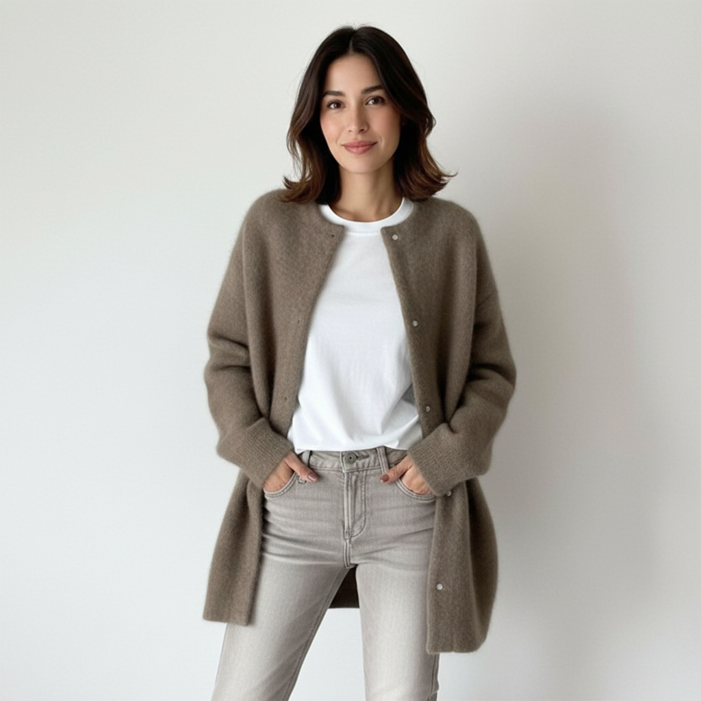 Zachte elegante lange damescardigan met ronde hals