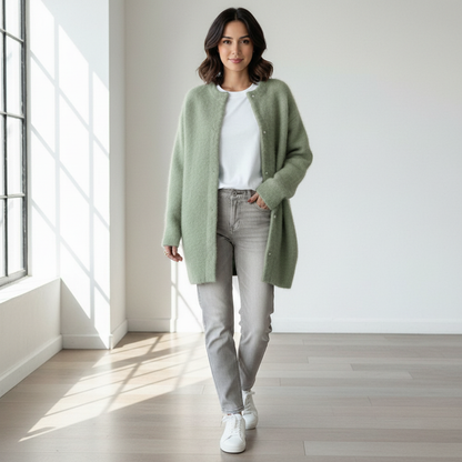 Zachte elegante lange damescardigan met ronde hals