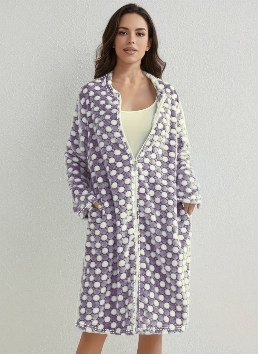 Zachte fleece huisjas met stippenprint – Livia