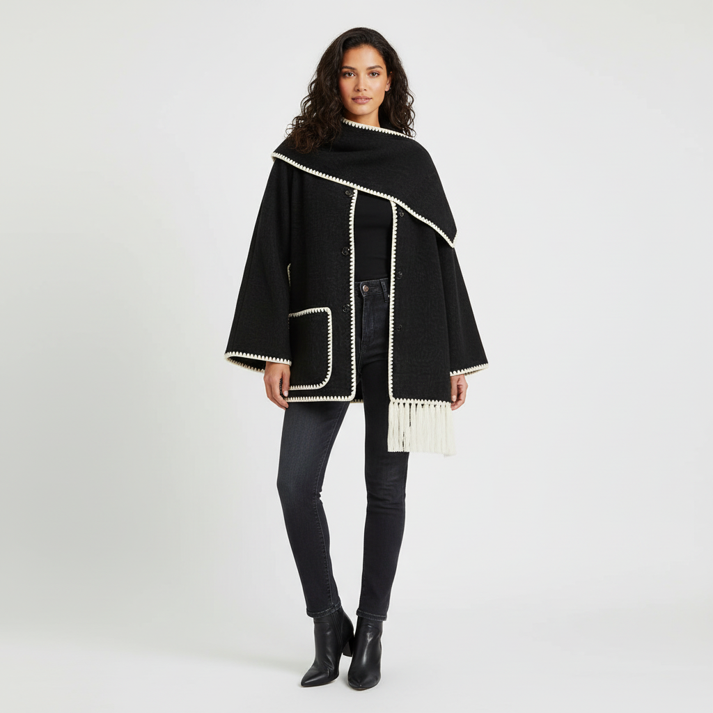 Zachte gestructureerde winterjas met elegante sjaalkraag