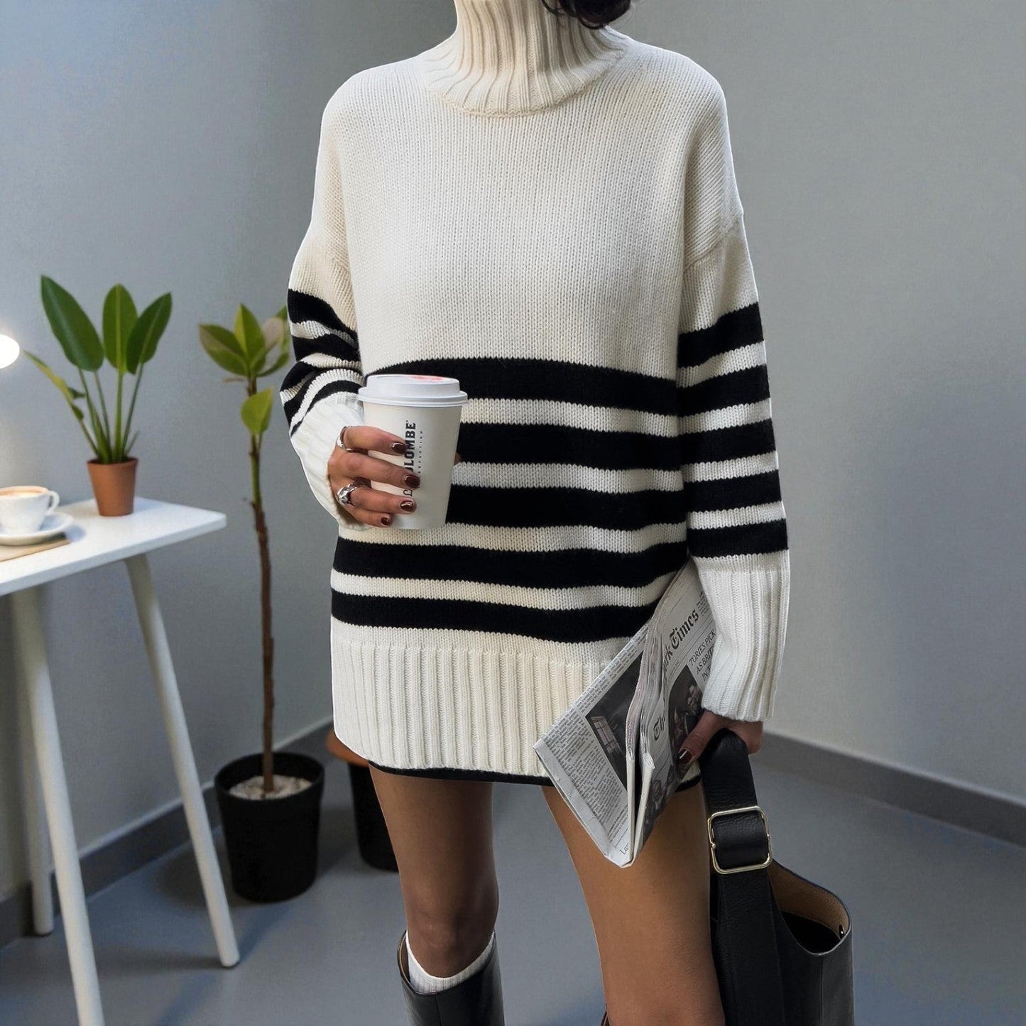 Zachte oversized gebreide trui met col en strepen