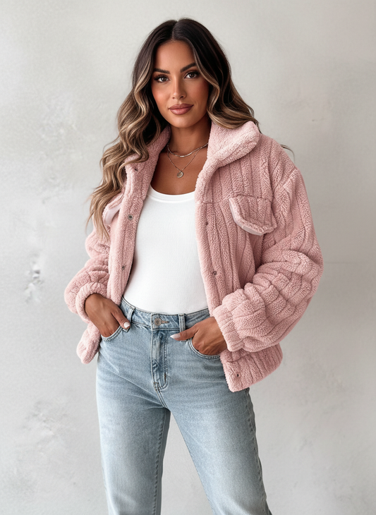 Zachte rib sherpa jas dames met drukknoopsluiting – Amira