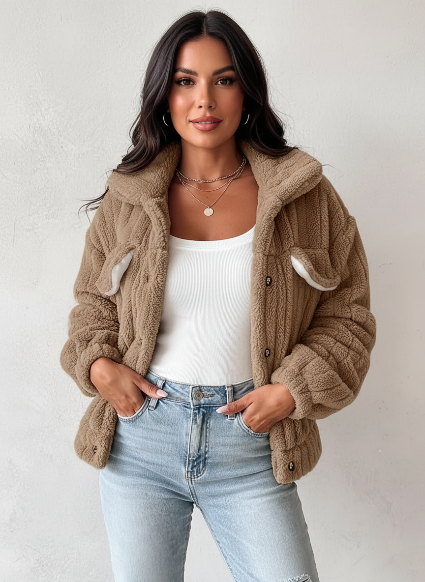 Zachte rib sherpa jas dames met drukknoopsluiting – Amira