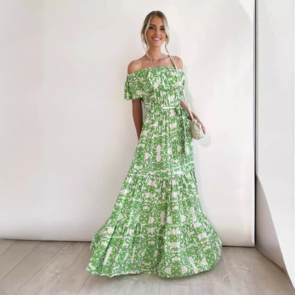 Zomer Maxi Jurk met Off Shoulder en Rimpel Halslijn en Tailleband