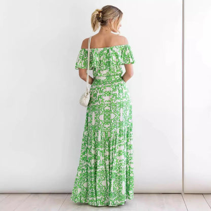 Zomer Maxi Jurk met Off Shoulder en Rimpel Halslijn en Tailleband