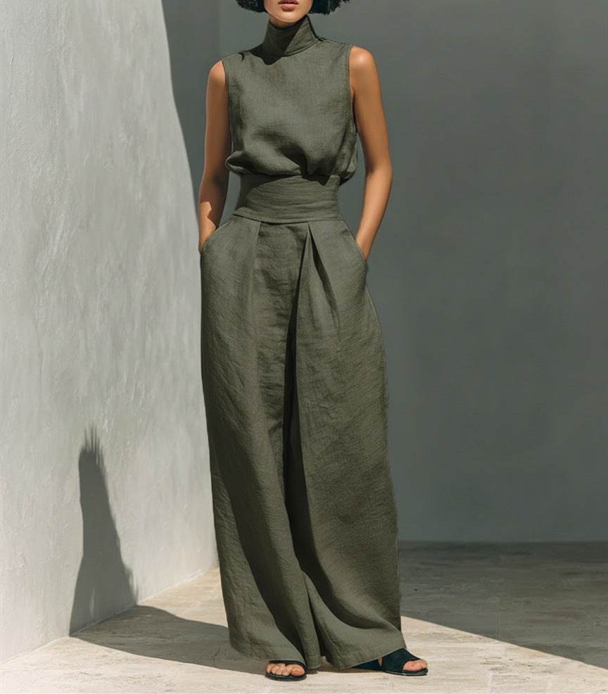 Avery Luxe Linnen Mouwloze Zomerset met Opstaande Kraag en Wide Leg Broek voor Dames