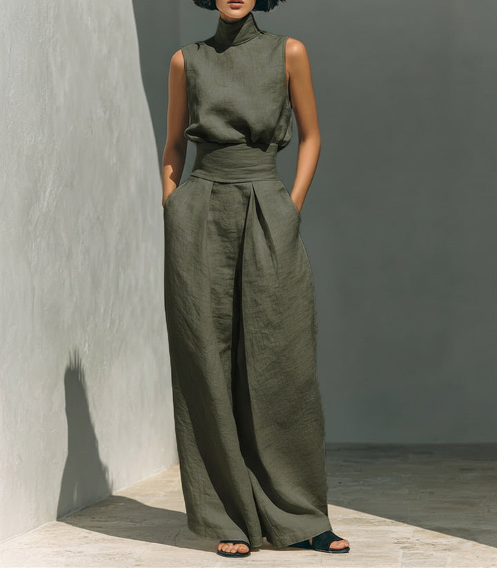 Avery Luxe Linnen Mouwloze Zomerset met Opstaande Kraag en Wide Leg Broek voor Dames