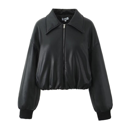 Roxanne Vintage Bruin Leren Look Bomber Jacket – Cropped Dames Faux Leather Jacket met Rits
