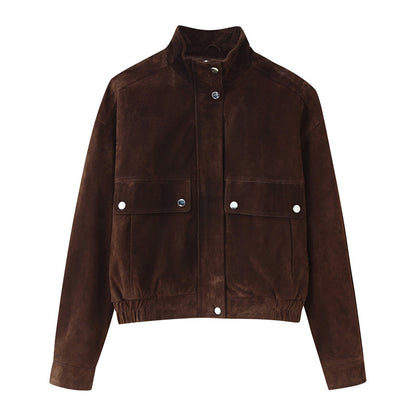 Darlene Vintage Bruin Suède Look Jacket – Luxe Cropped Dames Biker Jacket