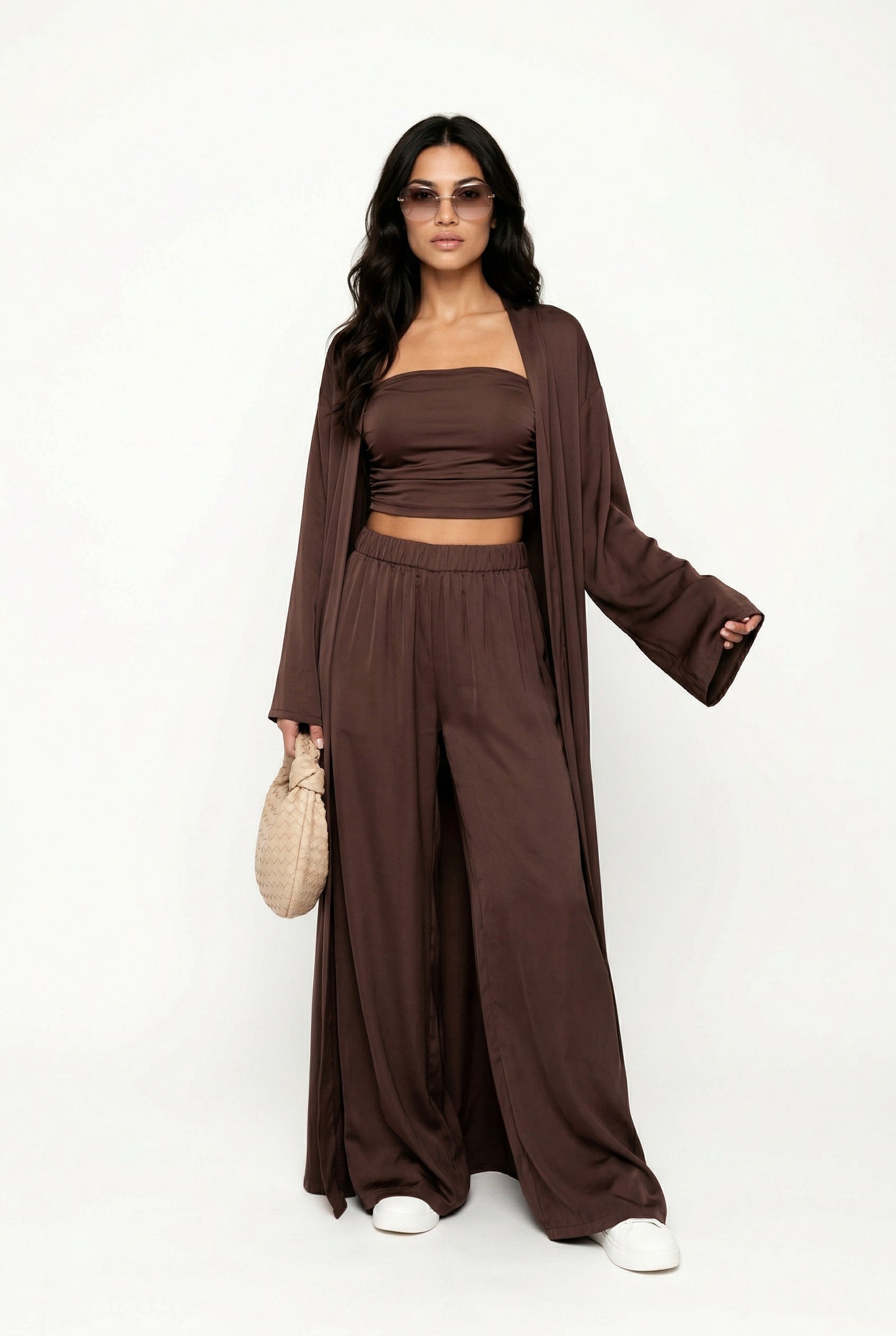 Madison 3-Delige Dames Set met Bandeau Top, Wijde Broek en Lange Cardigan – Luxe Casual Lounge Set
