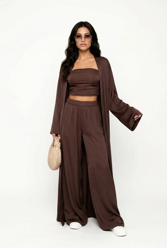 Madison 3-Delige Dames Set met Bandeau Top, Wijde Broek en Lange Cardigan – Luxe Casual Lounge Set