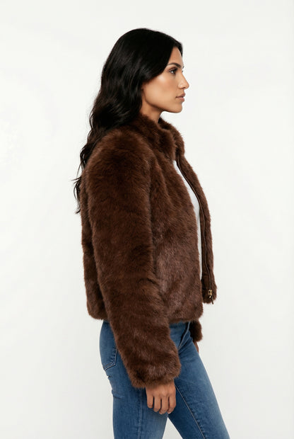 Fuzzy Dames Cropped Faux Fur Jas Bruin Met Ritssluiting