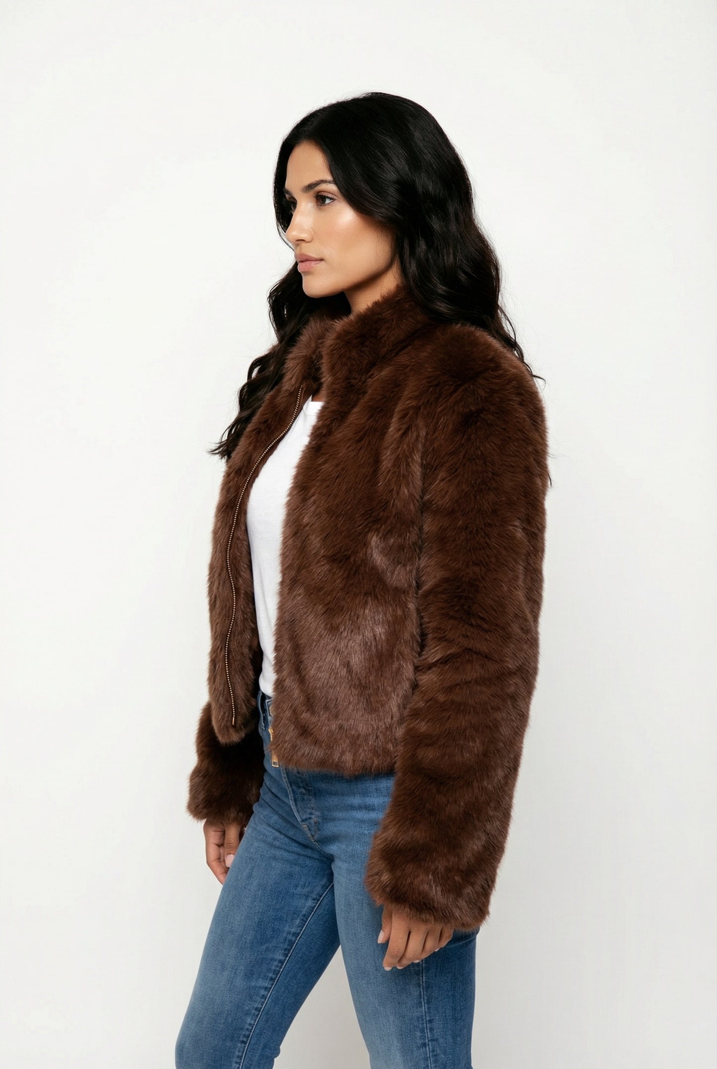 Fuzzy Dames Cropped Faux Fur Jas Bruin Met Ritssluiting