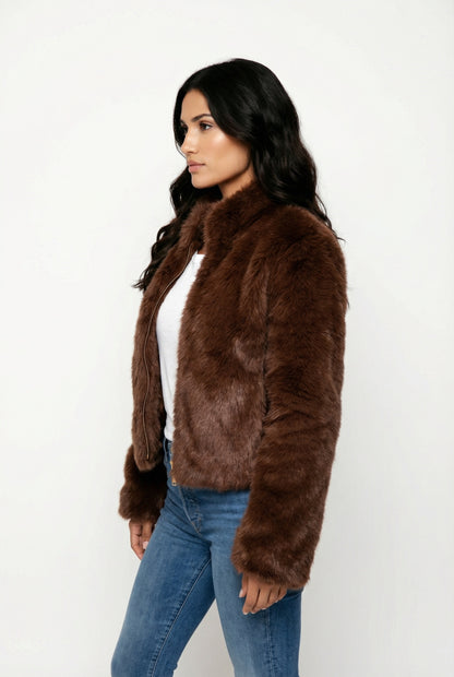 Fuzzy Dames Cropped Faux Fur Jas Bruin Met Ritssluiting