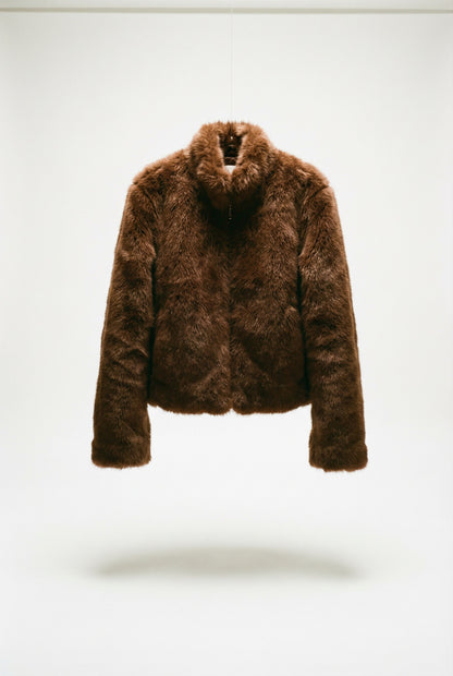 Fuzzy Dames Cropped Faux Fur Jas Bruin Met Ritssluiting