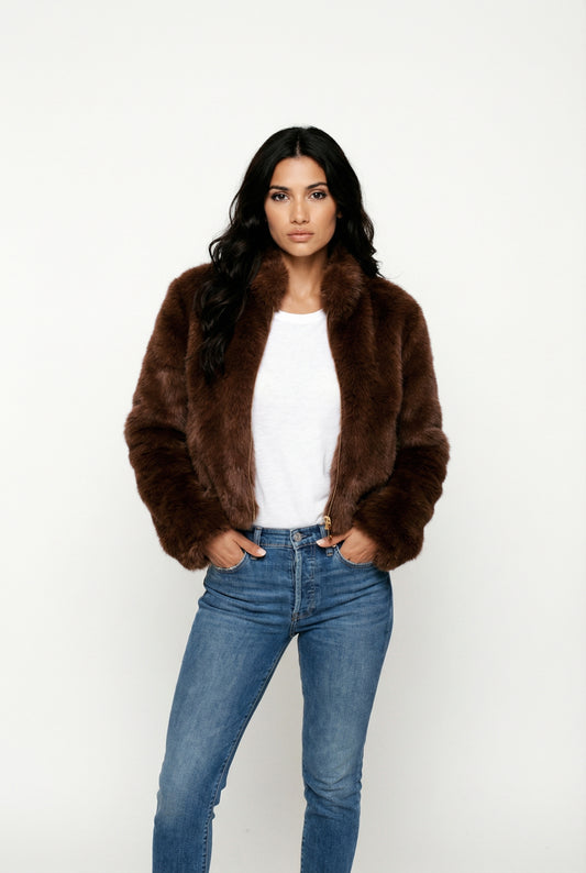 Fuzzy Dames Cropped Faux Fur Jas Bruin Met Ritssluiting