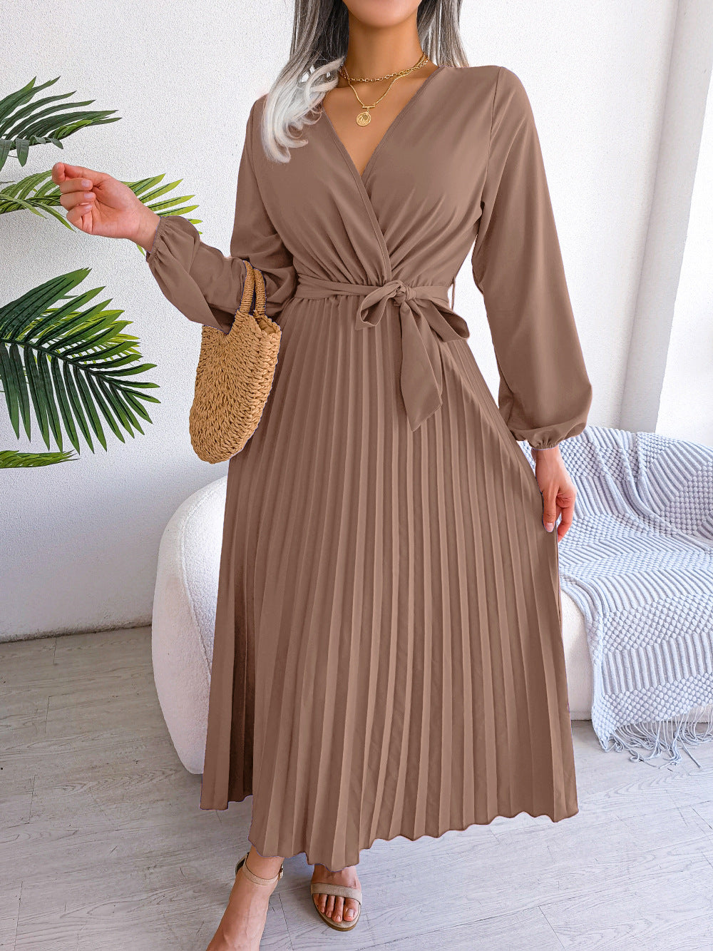 Isabella Elegante Maxi Jurk met Plooien – Dames Overslag Jurk met V-Hals