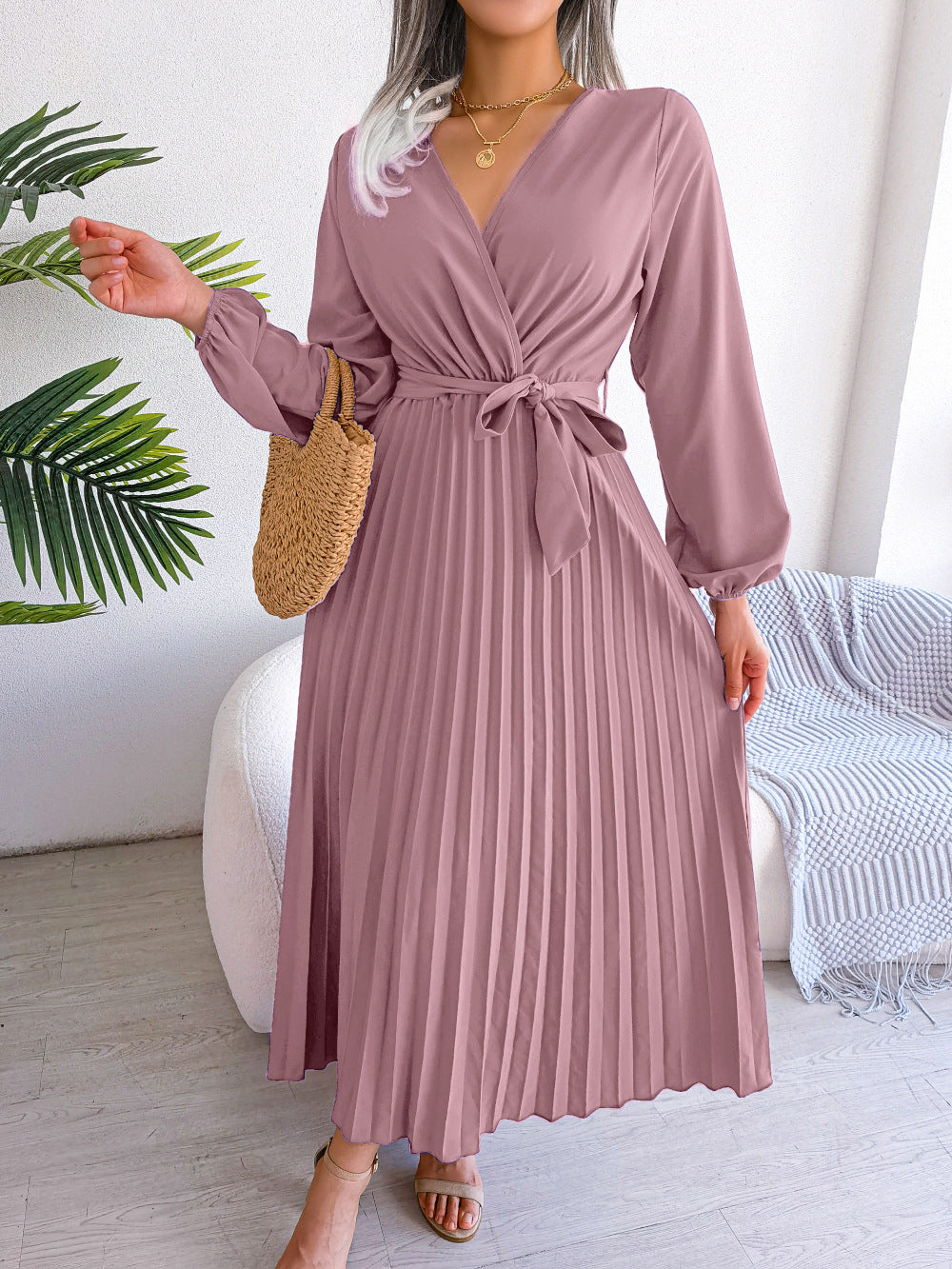 Isabella Elegante Maxi Jurk met Plooien – Dames Overslag Jurk met V-Hals