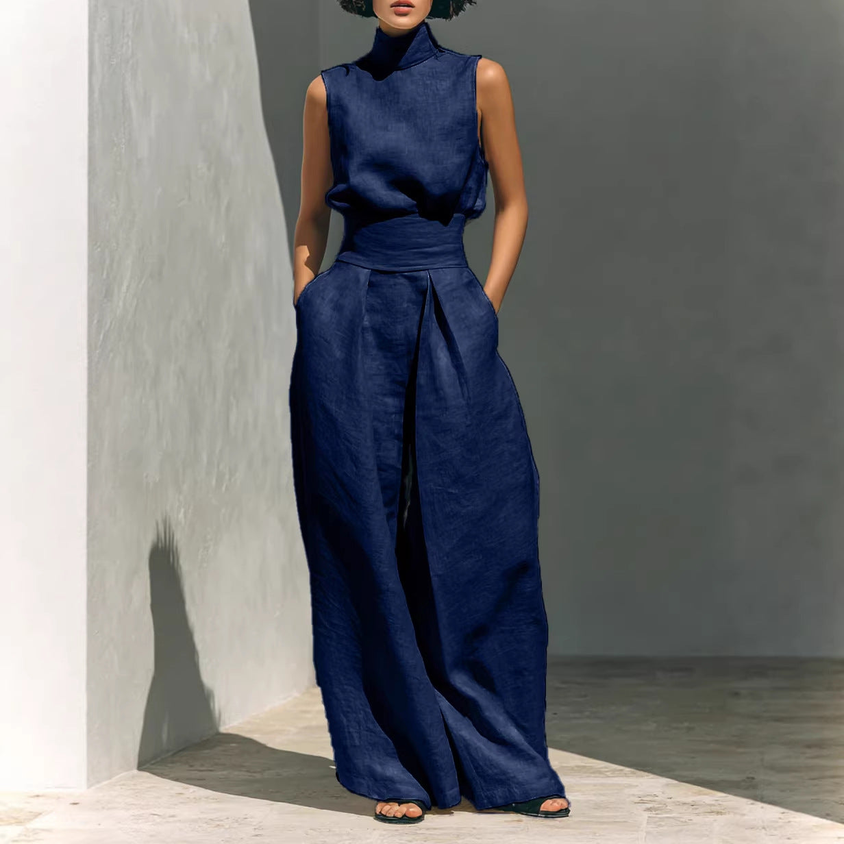 Avery Luxe Linnen Mouwloze Zomerset met Opstaande Kraag en Wide Leg Broek voor Dames