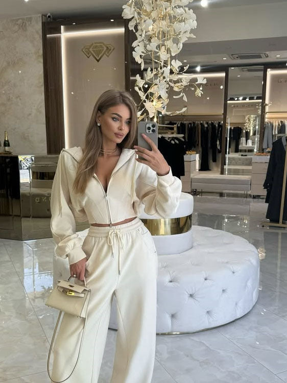 Solid Color Zip-up Cardigan Hooded Sweatshirt With Waist-cinching Design And Drawstring Pants Two-piece Set