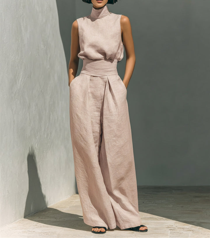 Avery Luxe Linnen Mouwloze Zomerset met Opstaande Kraag en Wide Leg Broek voor Dames