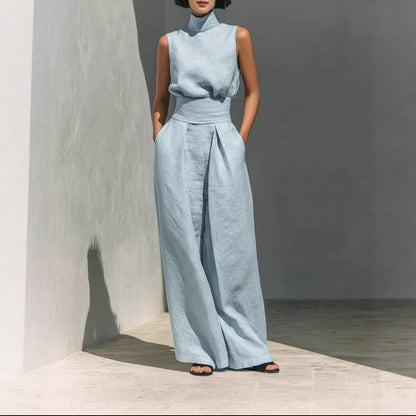 Avery Luxe Linnen Mouwloze Zomerset met Opstaande Kraag en Wide Leg Broek voor Dames