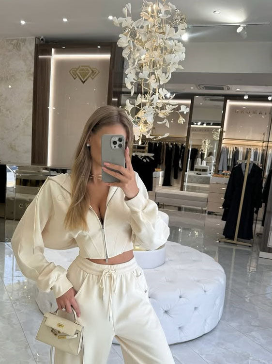 Solid Color Zip-up Cardigan Hooded Sweatshirt With Waist-cinching Design And Drawstring Pants Two-piece Set