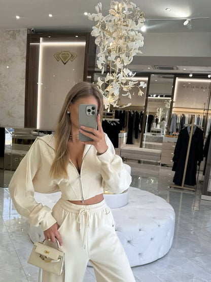 Solid Color Zip-up Cardigan Hooded Sweatshirt With Waist-cinching Design And Drawstring Pants Two-piece Set