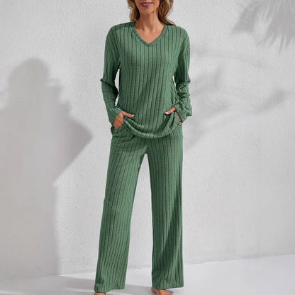 Lotte Geribbelde Dames Lounge Set – Comfortabele Huispak / Pyjama Set met Lange Mouwen