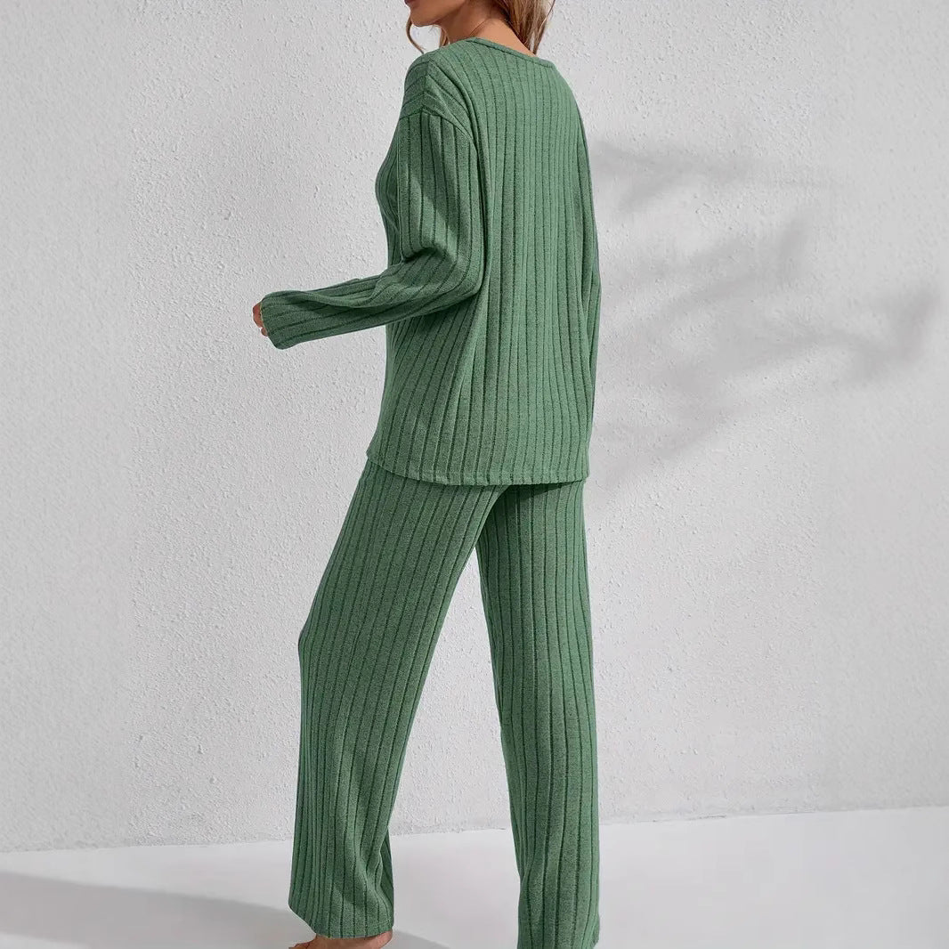 Lotte Geribbelde Dames Lounge Set – Comfortabele Huispak / Pyjama Set met Lange Mouwen